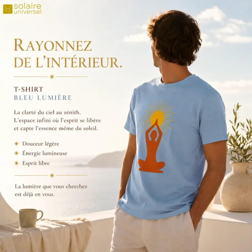 T-shirt bleu ciel "Soleil Intérieur" porté face à l'horizon - Clarté céleste et liberté - Solaire Universel