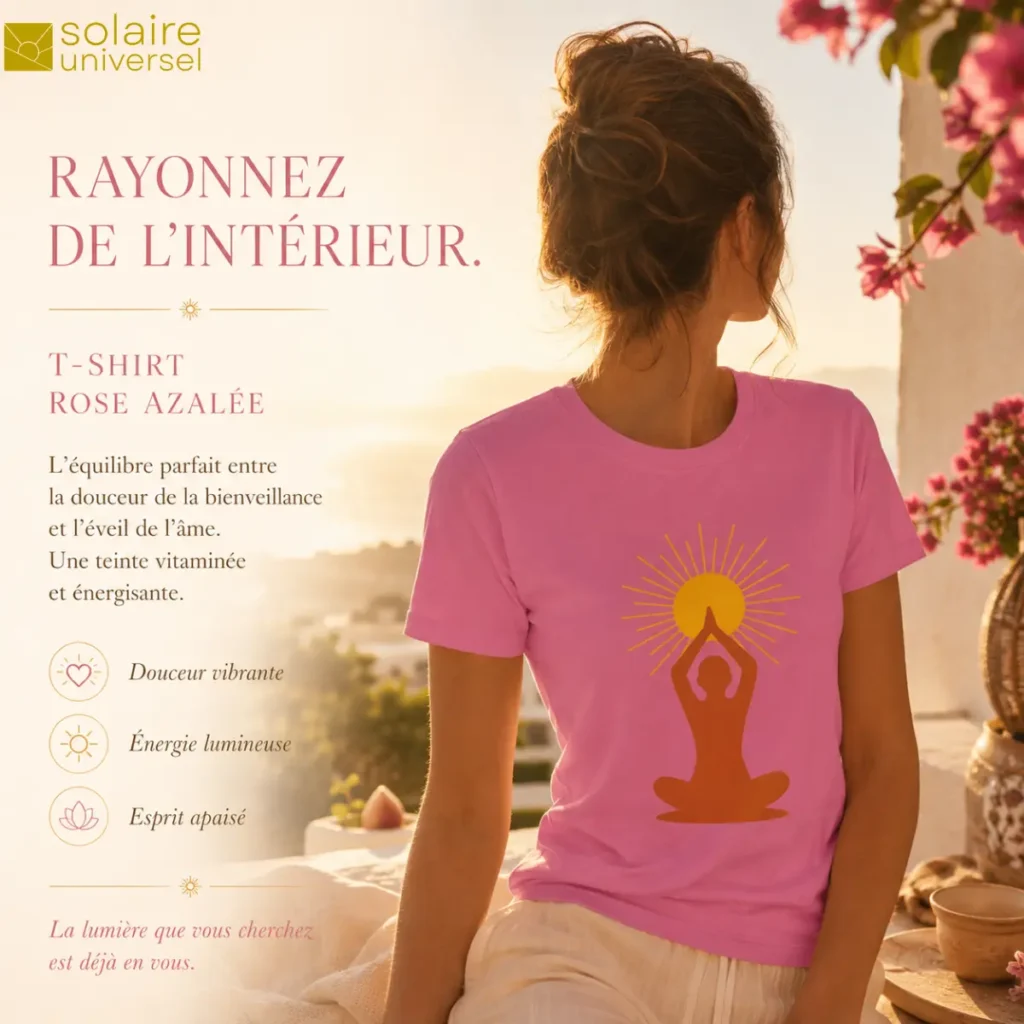 T-shirt rose azalée "Soleil Intérieur" porté au milieu des fleurs - Douceur vibrante et énergie lumineuse - Solaire Universel