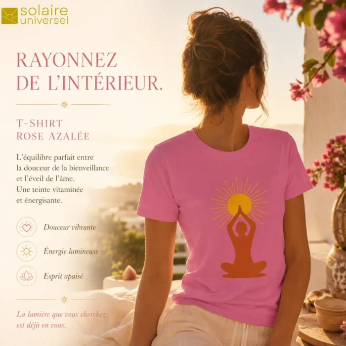T-shirt rose azalée "Soleil Intérieur" porté au milieu des fleurs - Douceur vibrante et énergie lumineuse - Solaire Universel