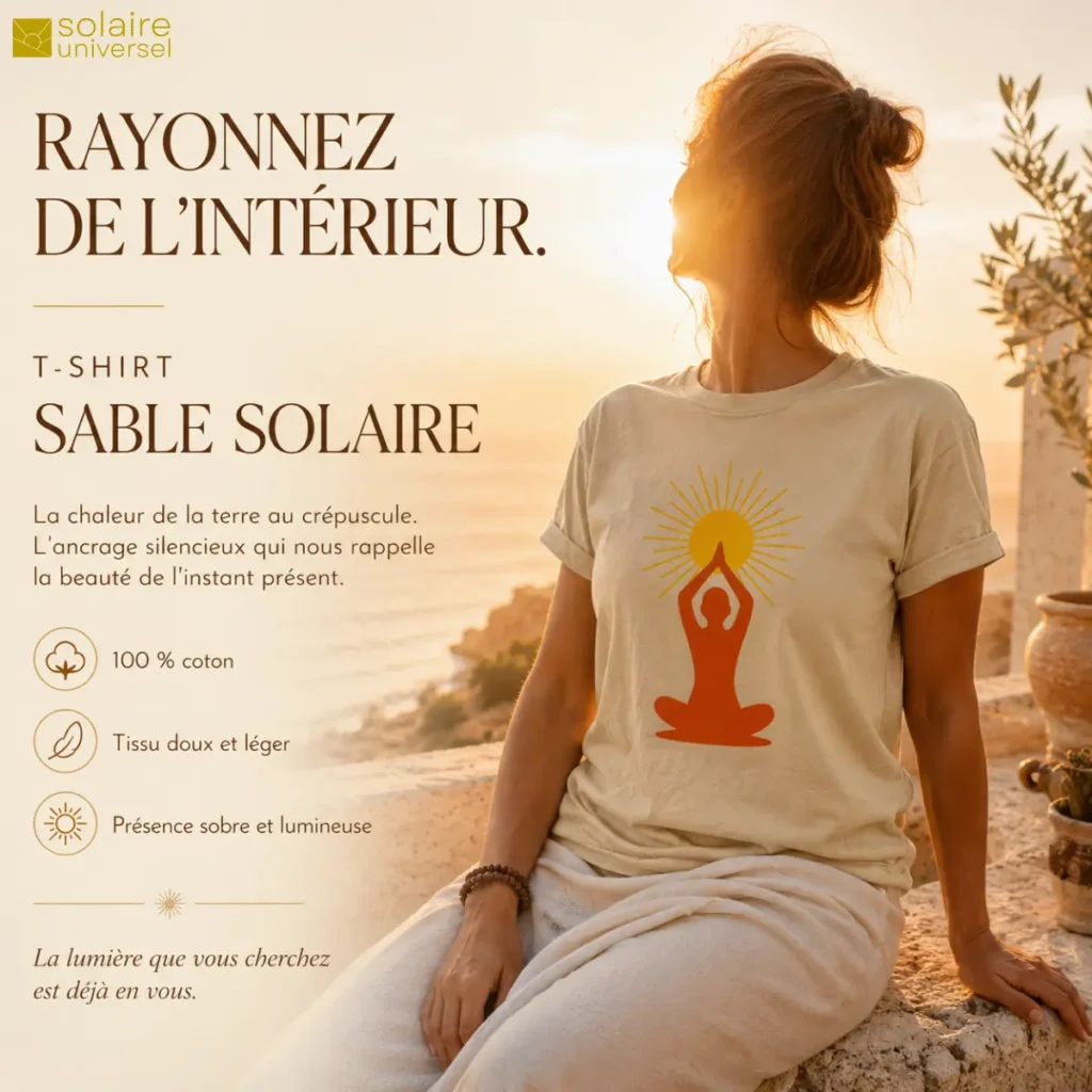 T-shirt sable solaire "Soleil Intérieur" porté face au coucher de soleil - Ancrage terrestre et lumière - Solaire Universel