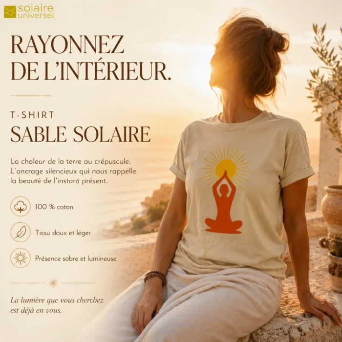 T-shirt sable solaire "Soleil Intérieur" porté face au coucher de soleil - Ancrage terrestre et lumière - Solaire Universel