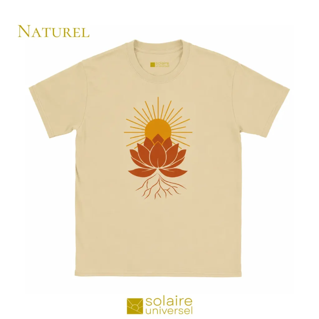 T-shirt couleur naturel coton bio avec design lotus solaire - Mode éthique et consciente Solaire Universel