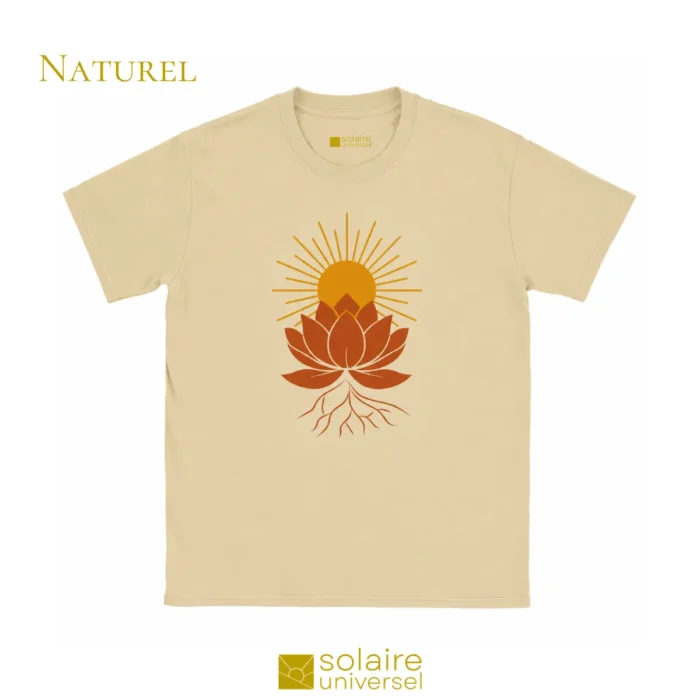 T-shirt couleur naturel coton bio avec design lotus solaire - Mode éthique et consciente Solaire Universel