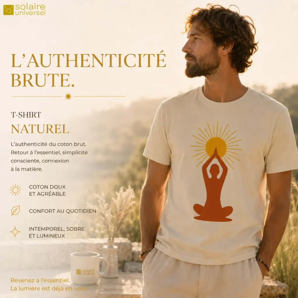T-shirt couleur naturel "Soleil Intérieur" porté en extérieur - Authenticité brute et coton - Solaire Universel