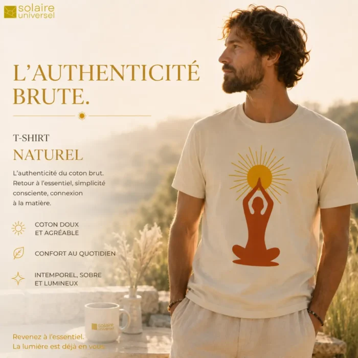 T-shirt couleur naturel "Soleil Intérieur" porté en extérieur - Authenticité brute et coton - Solaire Universel