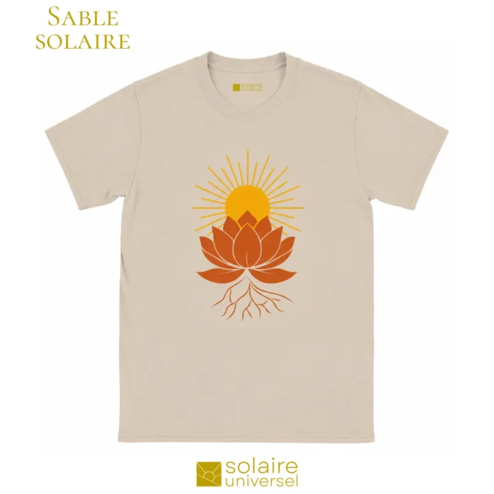 T-shirt beige sable solaire avec symbole lotus et racines - Vêtement spirituel ancré Solaire Universel