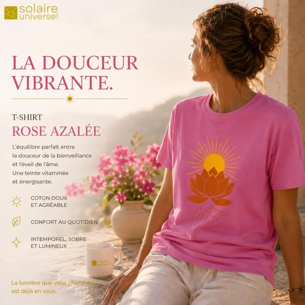 Femme portant le t-shirt Lotus Solaire Rose Azalée au coucher du soleil