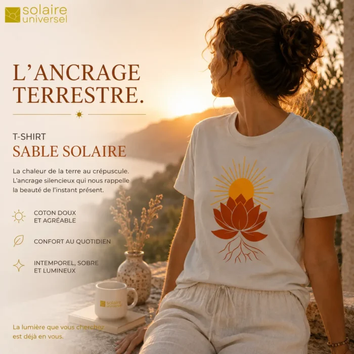 Femme portant le t-shirt Lotus Solaire Sable Solaire face au soleil couchant
