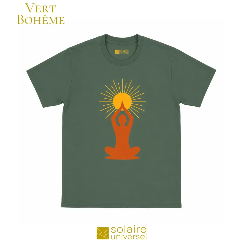T-shirt méditation "Soleil Intérieur" vert bohème rétro - Design yoga solaire - Collection Solaire Universel
