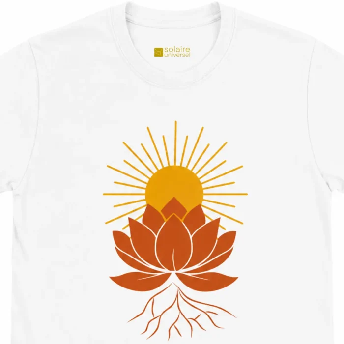 Détail du design lotus solaire avec racines, fleur et soleil doré - Symbolique chakra racine et spiritualité