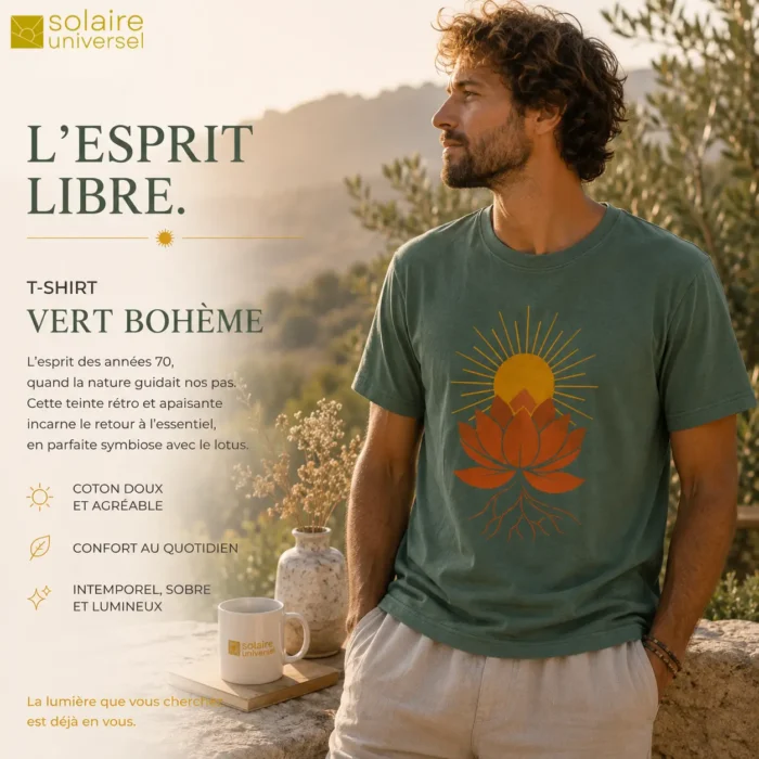 Homme portant le t-shirt Lotus Solaire Vert Bohème dans un paysage naturel