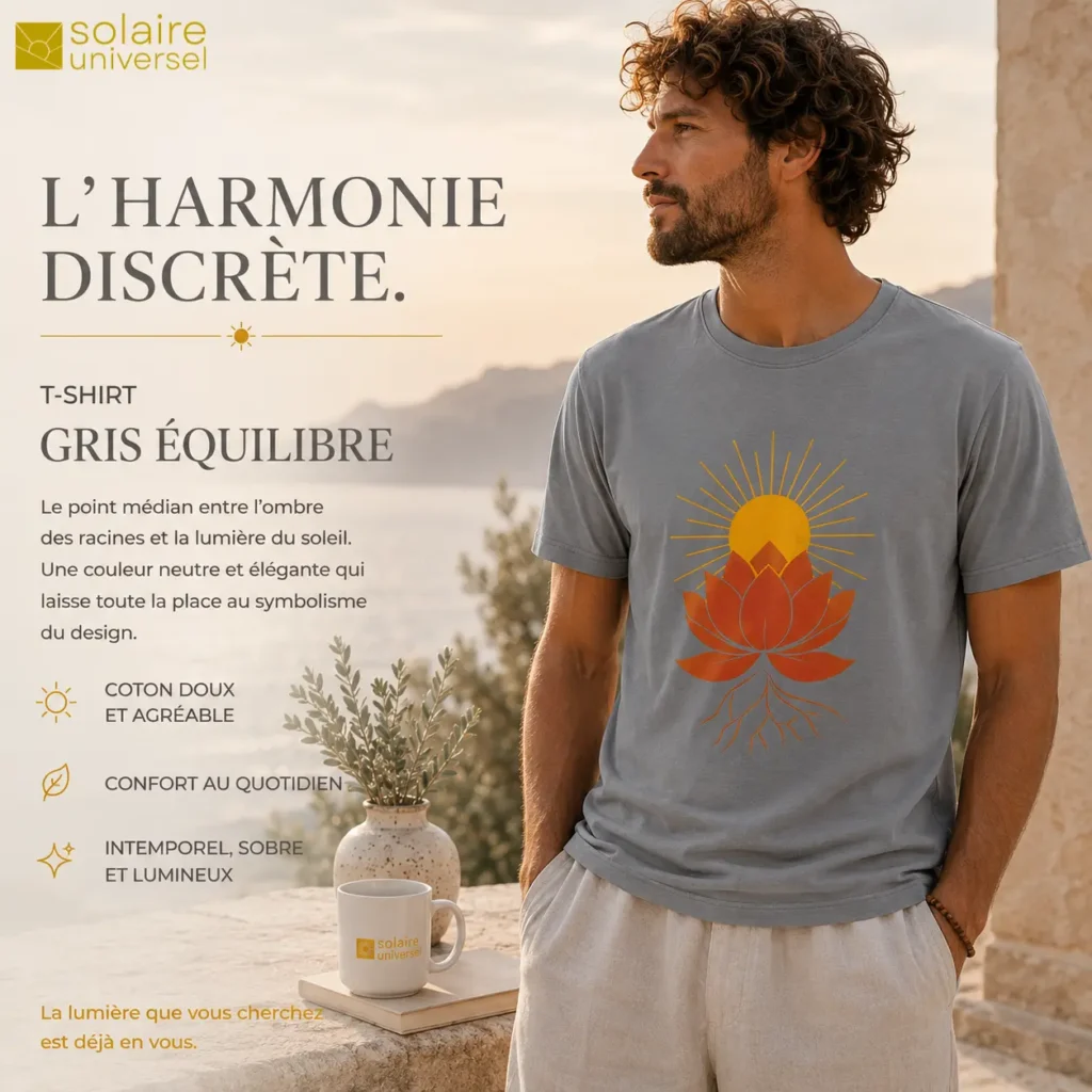 Homme portant le t-shirt Lotus Solaire Gris Équilibre avec vue sur la mer