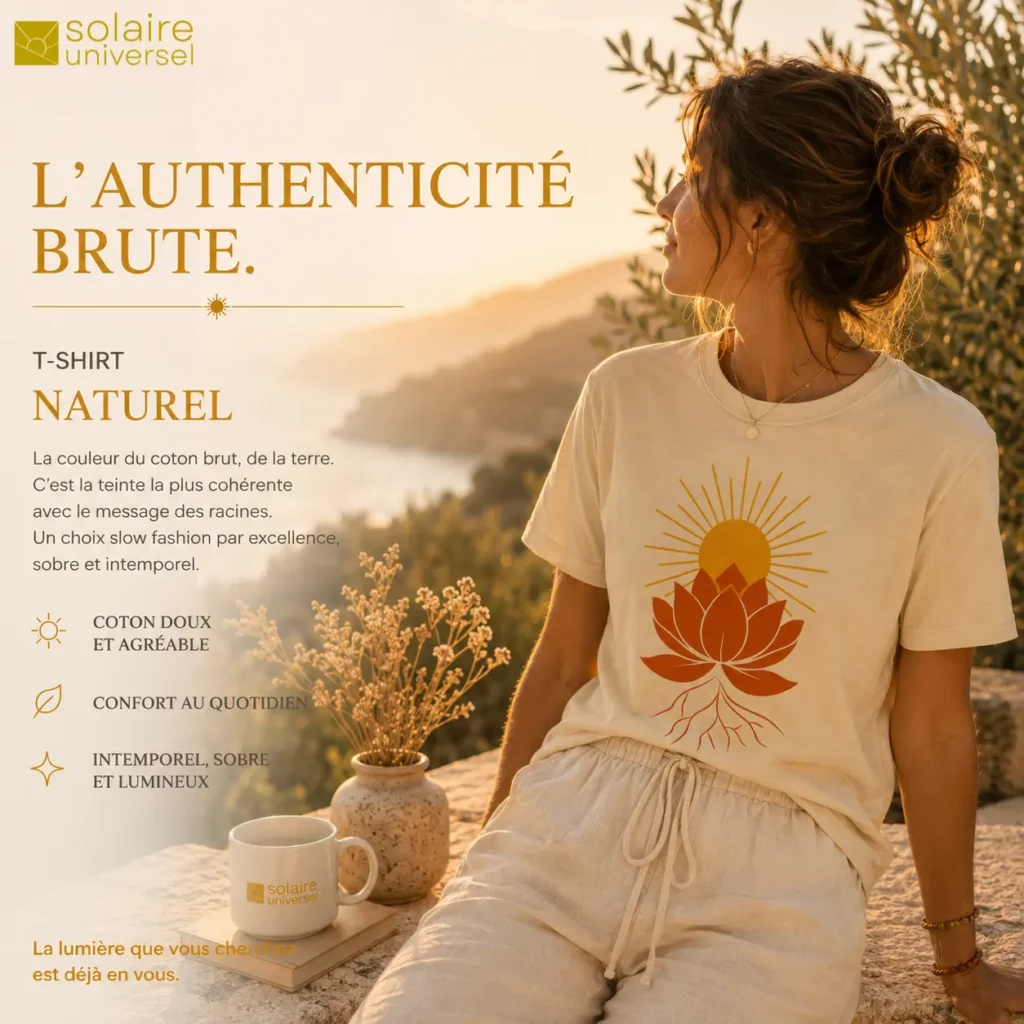 Femme portant le t-shirt Lotus Solaire Naturel en coton couleur écru au coucher du soleil