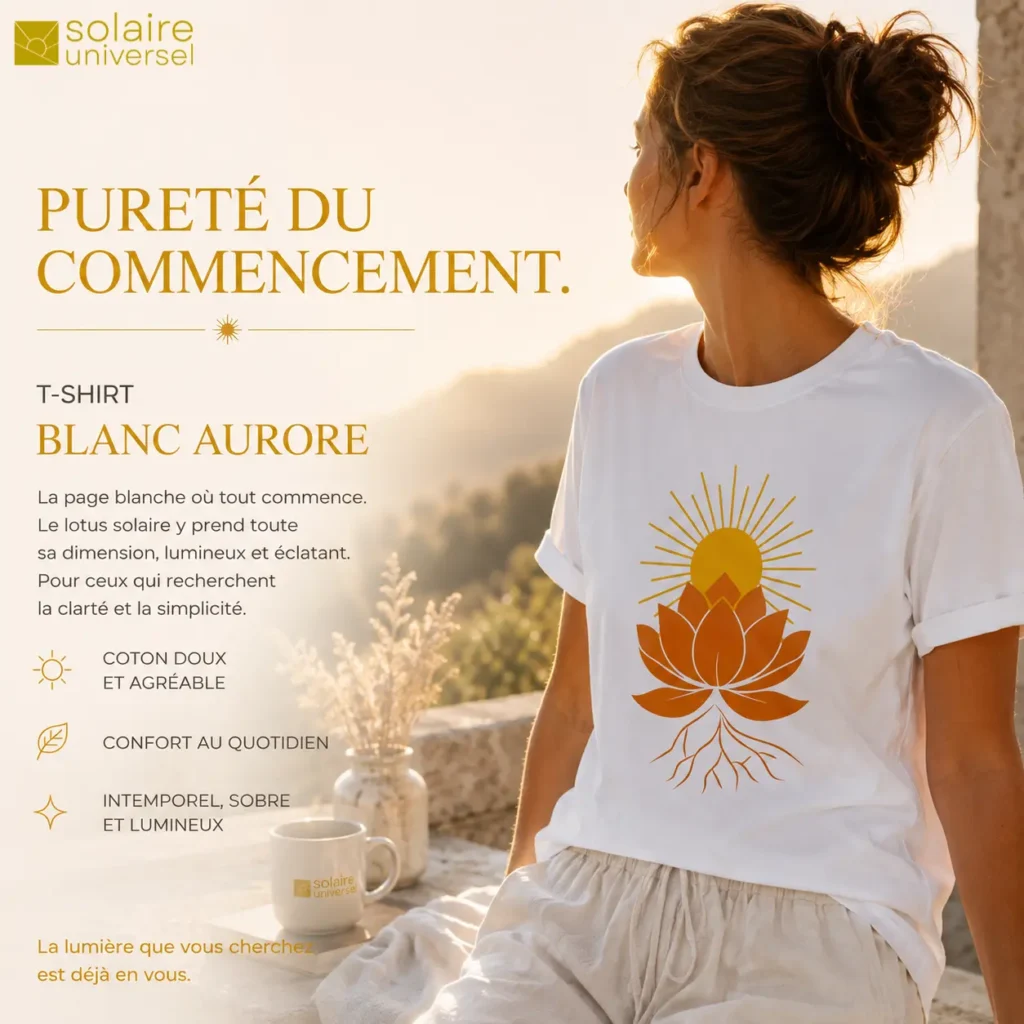 Femme portant le t-shirt Lotus Solaire Blanc Aurore face au lever du soleil