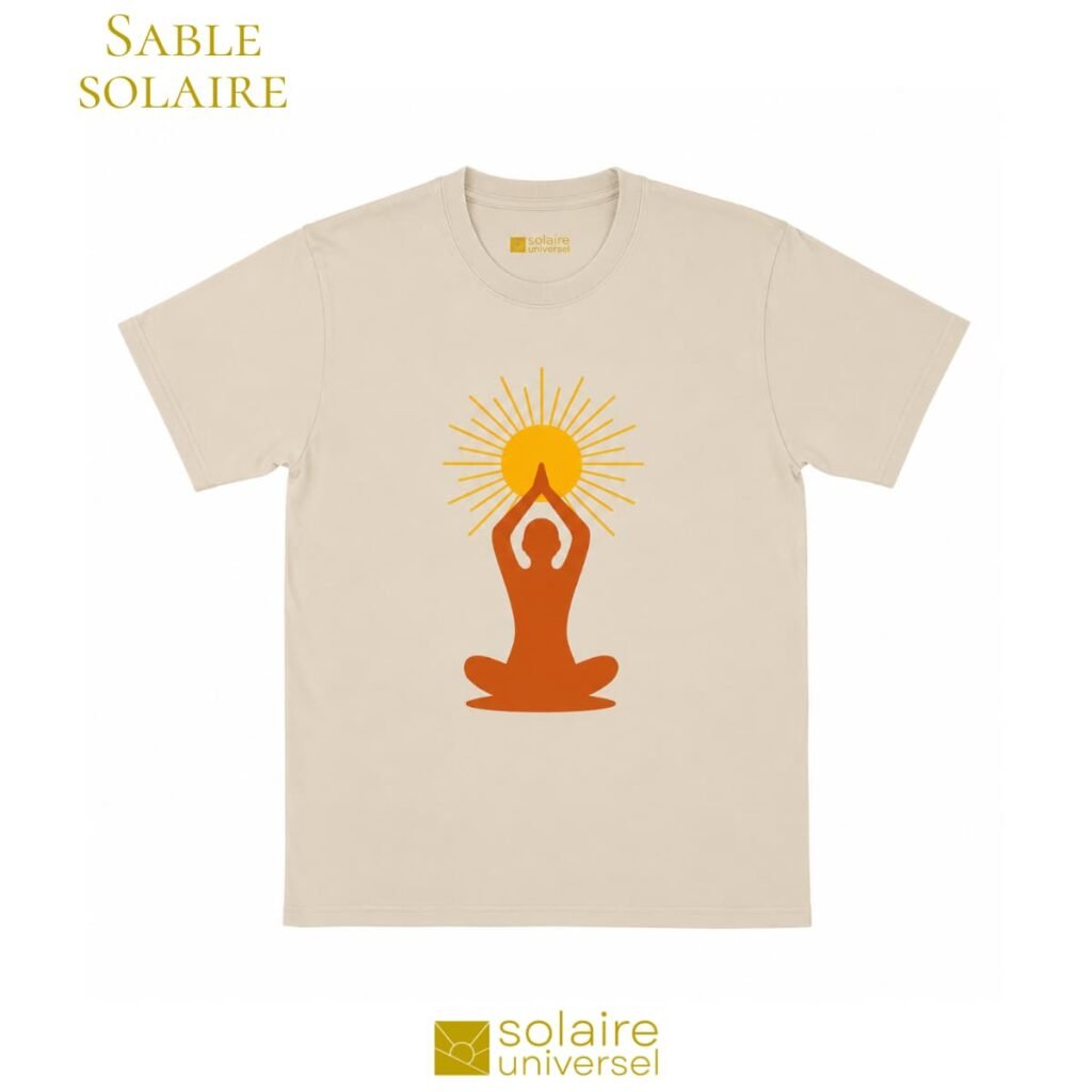 T-shirt méditation "Soleil Intérieur" couleur sable solaire - Design yoga et soleil doré - Solaire Universel