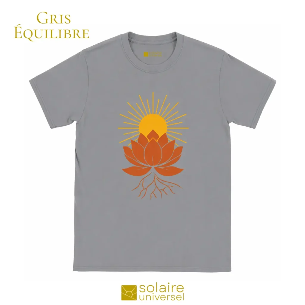 T-shirt gris chiné avec symbole lotus solaire - Vêtement yoga et spiritualité Solaire Universel