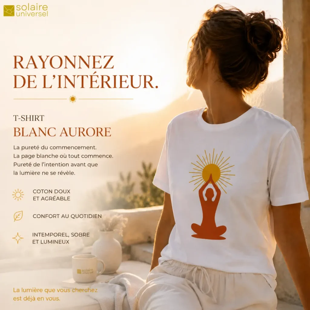 T-shirt blanc "Soleil Intérieur" porté au soleil couchant - Femme méditation et lumière dorée - Solaire Universel