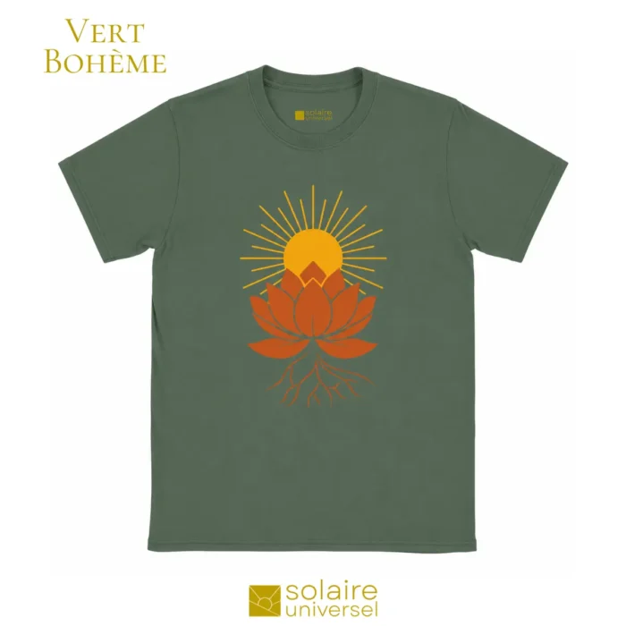 T-shirt vert bohème design lotus méditation - Mode consciente et spirituelle Solaire Universel