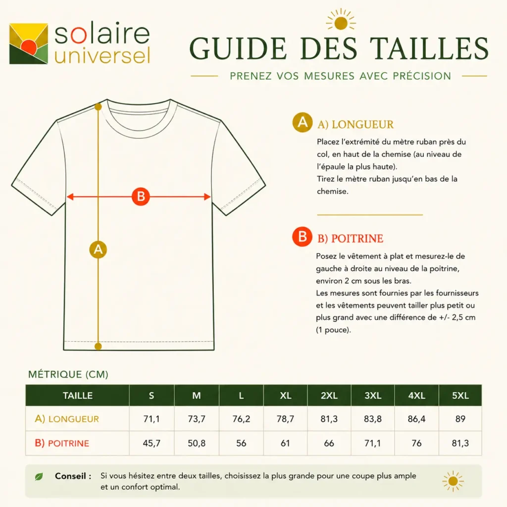 Guide des tailles t-shirt Solaire Universel avec schéma des mesures : longueur, demi-poitrine et longueur des manches.