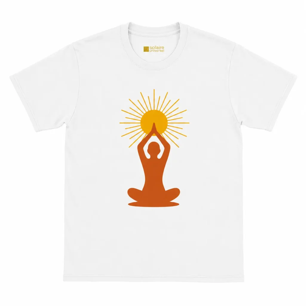 T-shirt blanc "Soleil Intérieur" vue complète - Design méditation et soleil doré - Solaire Universel