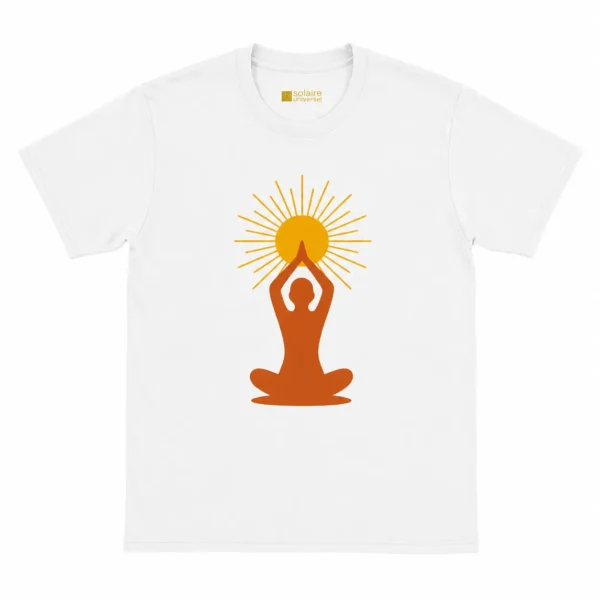 T-shirt blanc "Soleil Intérieur" vue complète - Design méditation et soleil doré - Solaire Universel