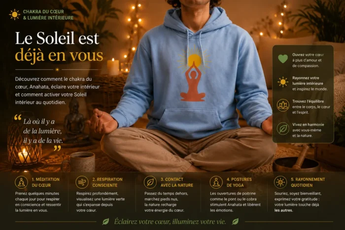 Personne en méditation portant un hoodie « Soleil intérieur » illustrant le chakra du cœur et la lumière intérieure dans une ambiance chaleureuse et apaisante.