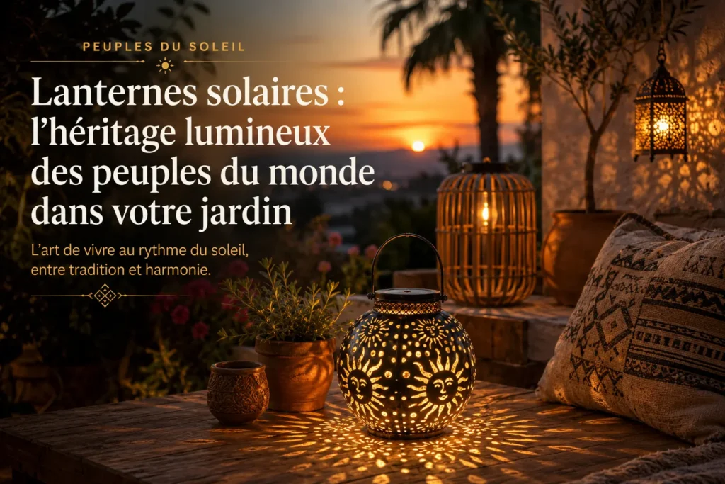 Lanternes solaires inspirées des traditions des peuples du monde éclairant un jardin au coucher du soleil avec une lumière douce et chaleureuse.