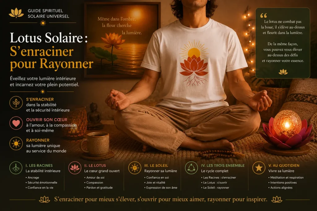 Illustration du guide spirituel « Lotus Solaire : S'enraciner pour Rayonner » avec méditation, t-shirt Lotus, tableau inspirant et lampe lotus.