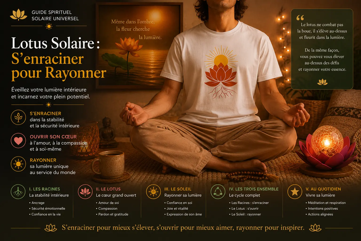 Illustration du guide spirituel « Lotus Solaire : S'enraciner pour Rayonner » avec méditation, t-shirt Lotus, tableau inspirant et lampe lotus.