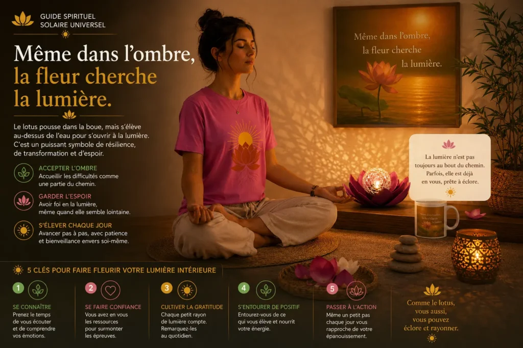 Femme en méditation devant une lampe lotus, portant un t-shirt Lotus Solaire, avec une toile inspirée de la citation « Même dans l'ombre, la fleur cherche la lumière