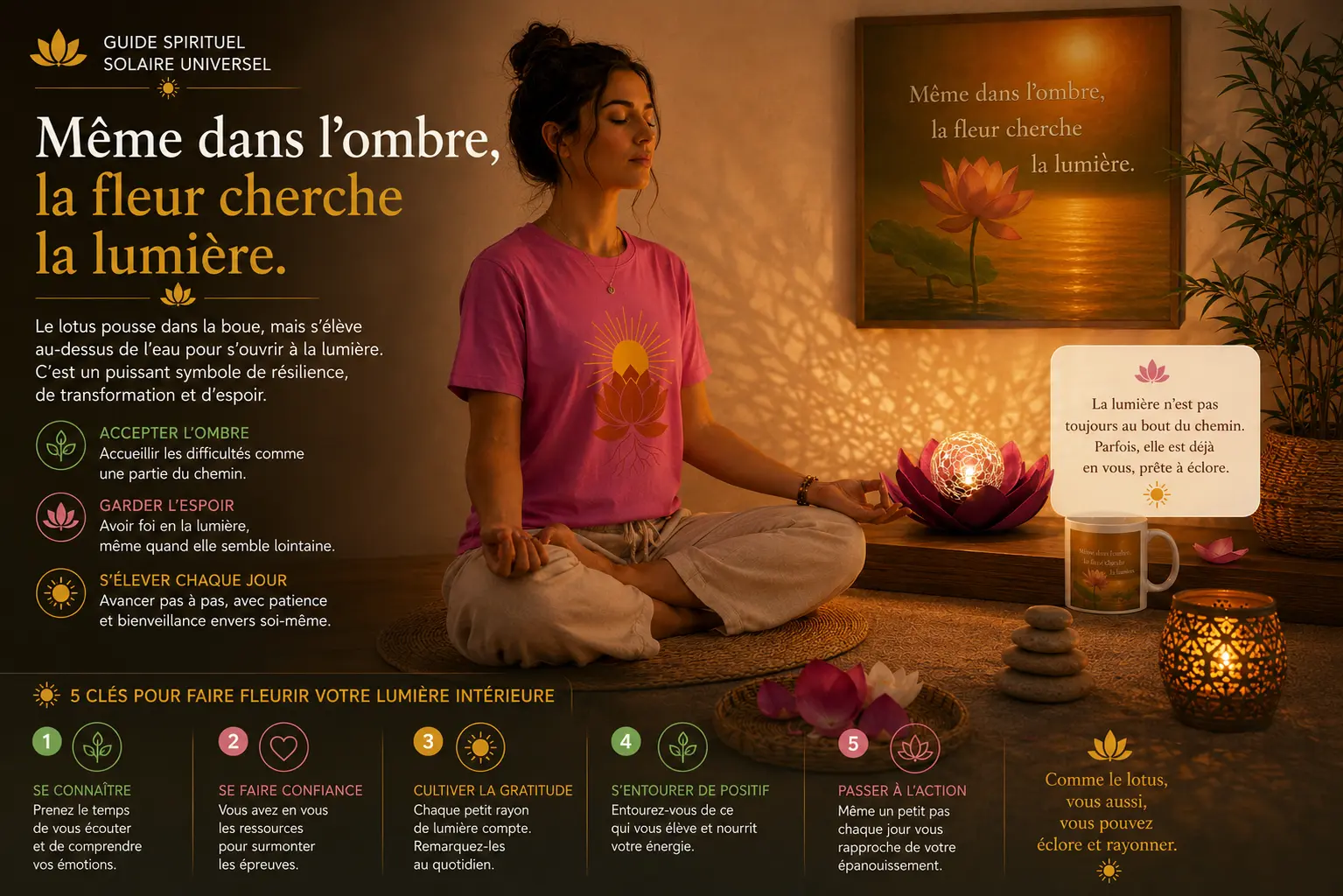 Femme en méditation devant une lampe lotus, portant un t-shirt Lotus Solaire, avec une toile inspirée de la citation « Même dans l'ombre, la fleur cherche la lumière