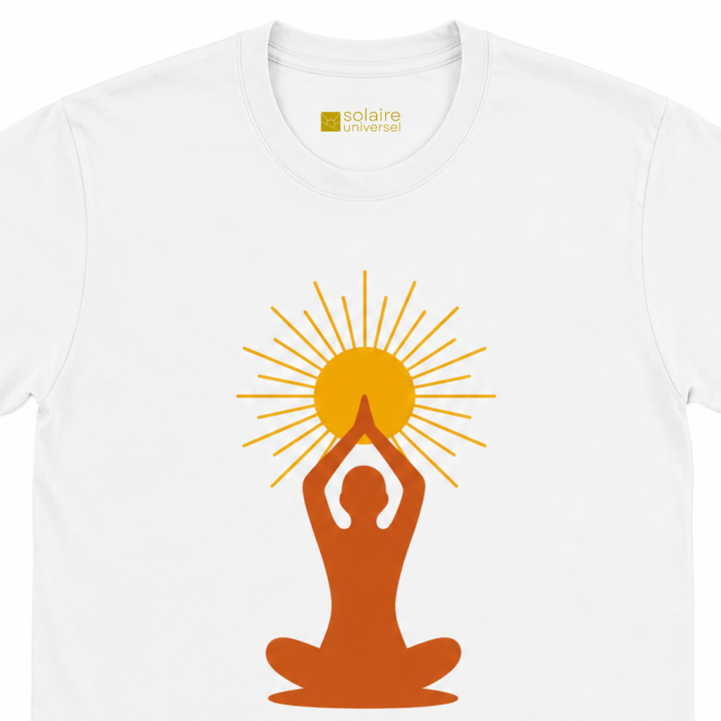 Gros plan T-shirt "Soleil Intérieur" blanc - Détail du design méditation et logo signature doré à l'intérieur du col - Solaire Universel