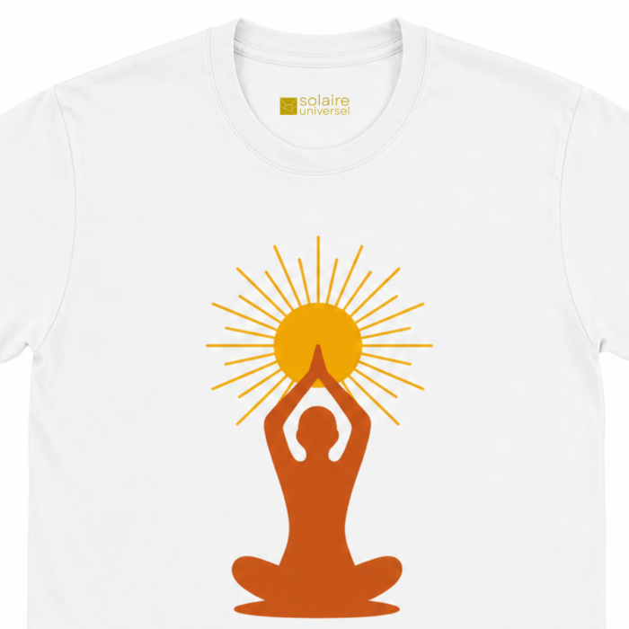 Gros plan T-shirt "Soleil Intérieur" blanc - Détail du design méditation et logo signature doré à l'intérieur du col - Solaire Universel