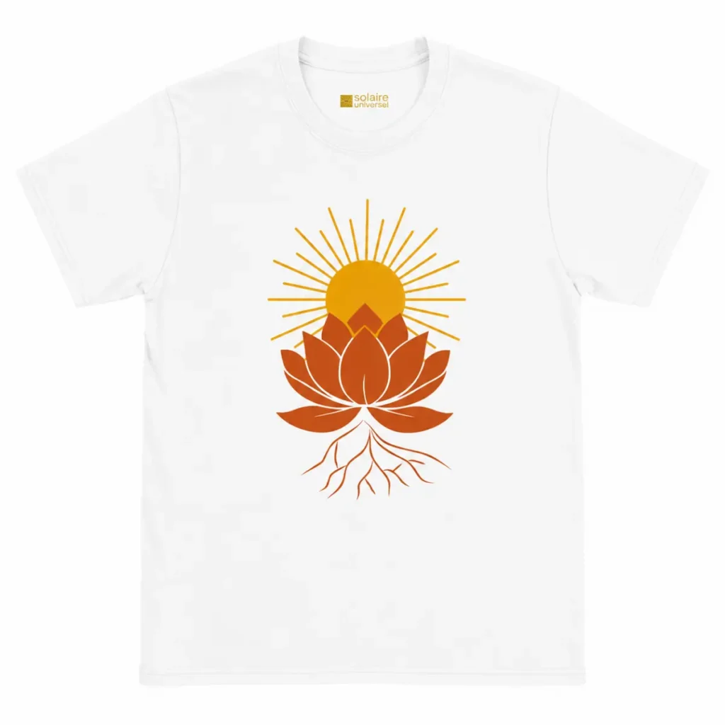 T-shirt blanc vue complète avec logo Solaire Universel au col et design lotus solaire centré