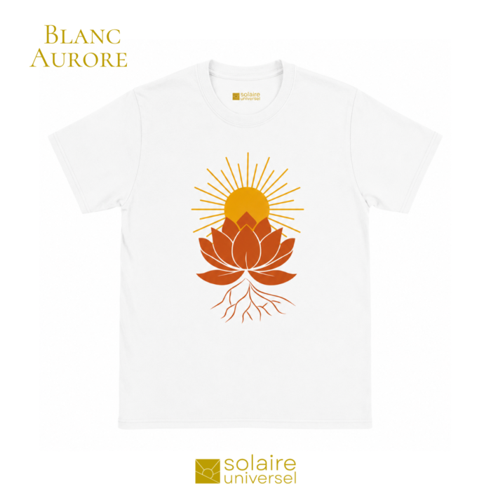 T-shirt blanc méditation avec design lotus solaire et racines - Collection chakra racine Solaire Universel