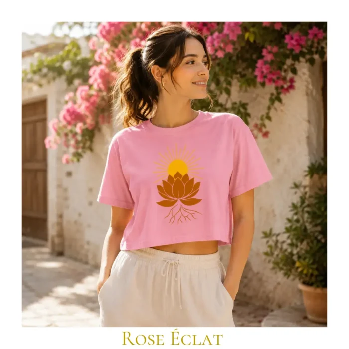 Crop top Rose Éclat Lotus Solaire pour femme en coton éthique – Solaire Universel