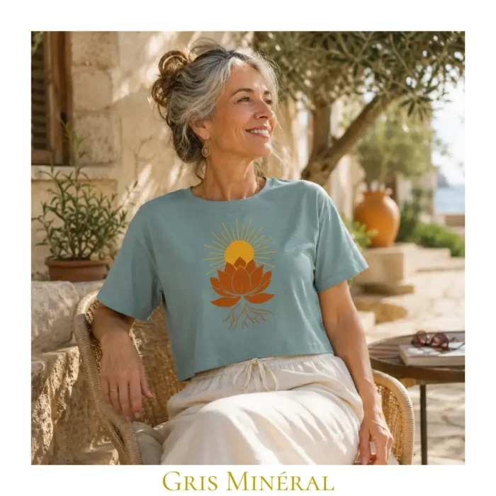 Crop top Gris Minéral Lotus Solaire pour femme en coton éthique – Solaire Universel
