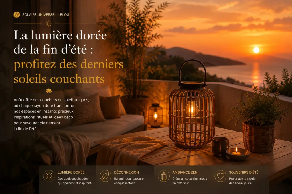 Terrasse au coucher de soleil avec lanterne solaire en bambou créant une ambiance chaleureuse pour profiter de la lumière dorée de la fin d'été.