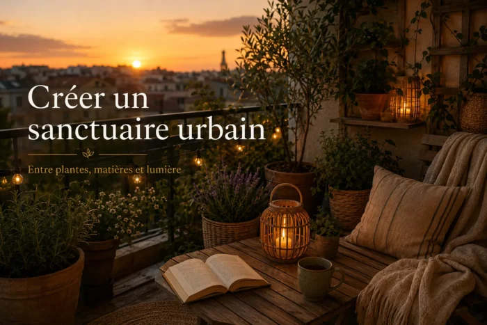 Balcon urbain aménagé en sanctuaire avec plantes, lanternes solaires et lumière dorée du coucher de soleil.