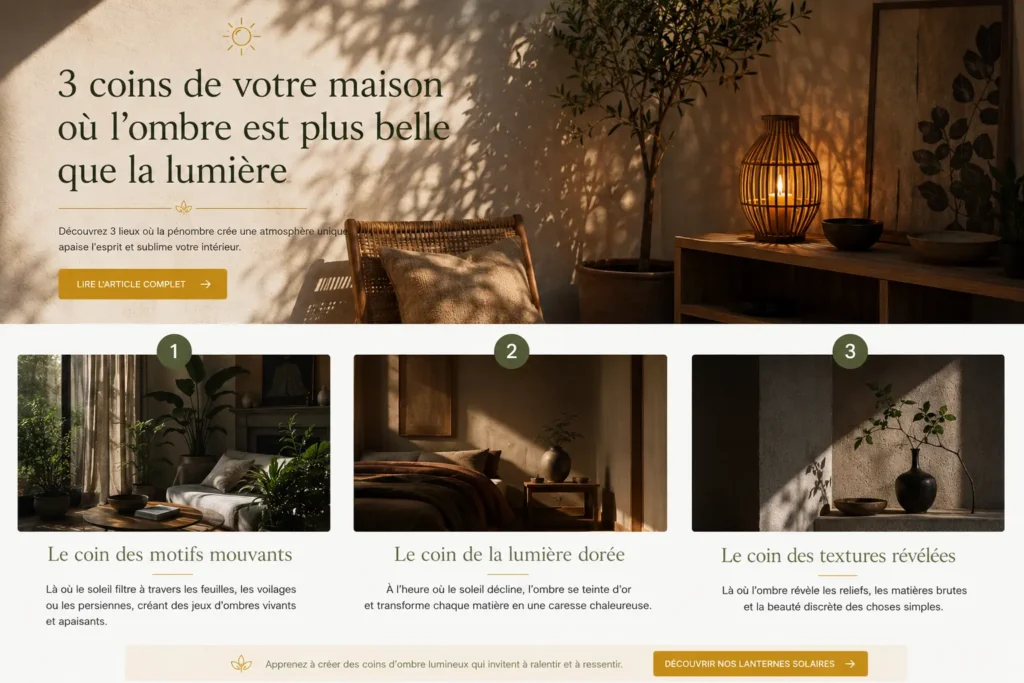 Salon baigné d'une lumière tamisée où les ombres des plantes et d'une lanterne solaire révèlent la beauté des matières naturelles.