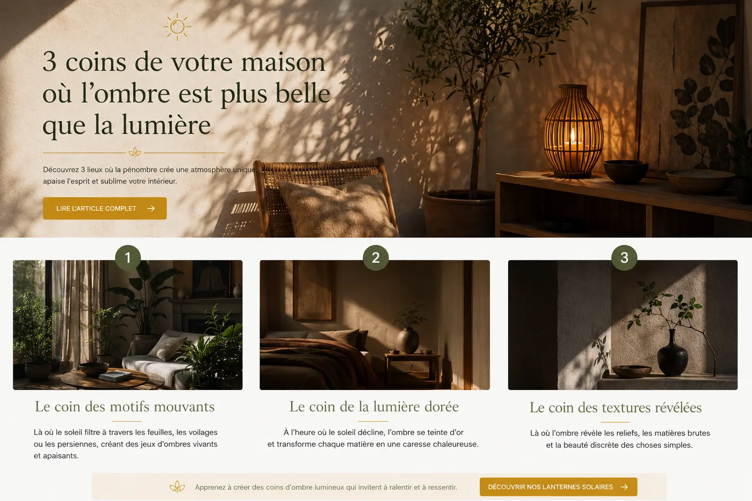 Salon baigné d'une lumière tamisée où les ombres des plantes et d'une lanterne solaire révèlent la beauté des matières naturelles.