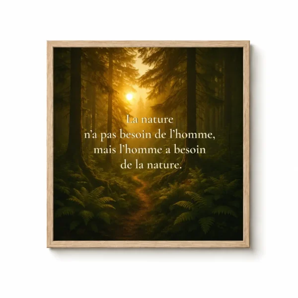 Affiche encadrée « La nature n’a pas besoin de l’homme » représentant une forêt illuminée par le soleil