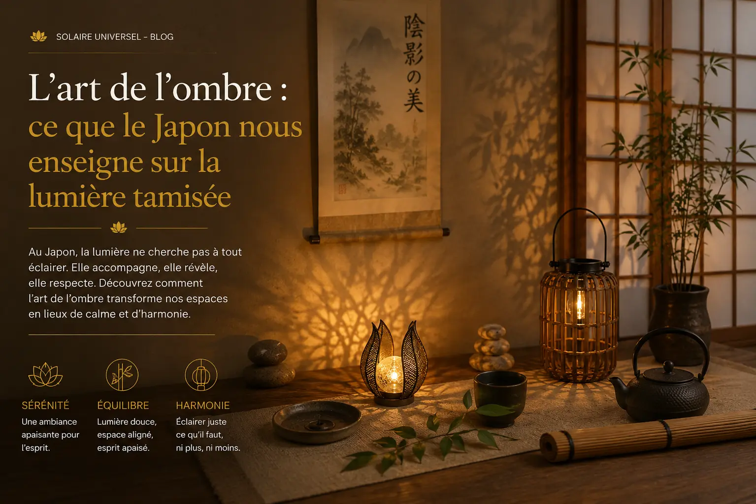 Ambiance japonaise zen avec lanternes solaires décoratives diffusant une lumière tamisée, inspirée de l'art de l'ombre japonais.