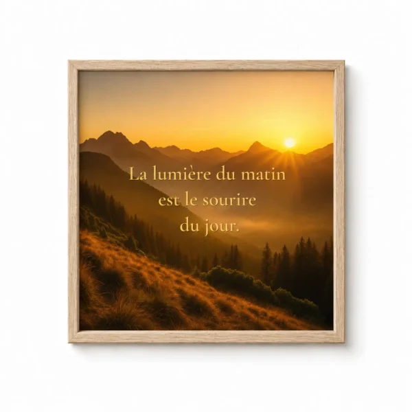 ffiche encadrée « La lumière du matin est le sourire du jour » avec lever de soleil sur les montagnes