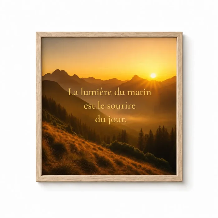 ffiche encadrée « La lumière du matin est le sourire du jour » avec lever de soleil sur les montagnes