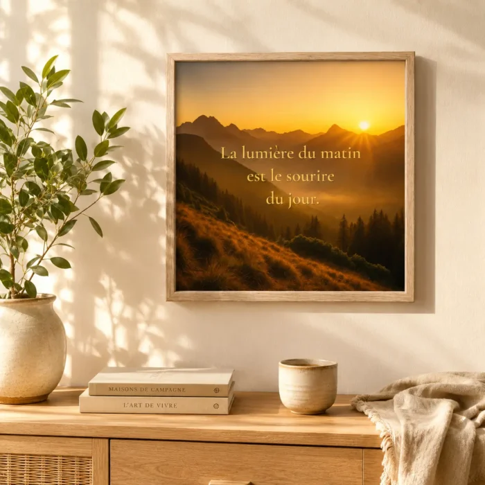Affiche encadrée « La lumière du matin est le sourire du jour » dans un intérieur chaleureux et végétal