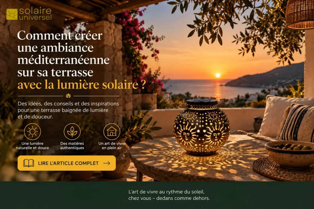 Lanterne solaire en métal aux motifs méditerranéens projetant une lumière chaude sur une terrasse face au coucher du soleil, dans une ambiance méditerranéenne apaisante.