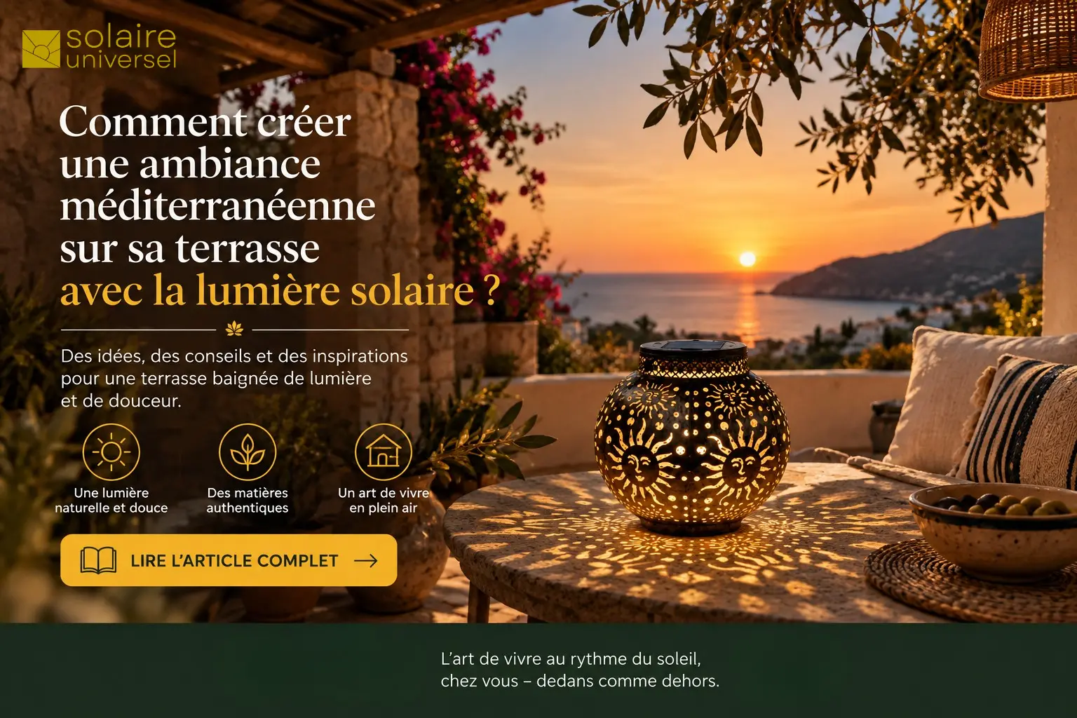 Lanterne solaire en métal aux motifs méditerranéens projetant une lumière chaude sur une terrasse face au coucher du soleil, dans une ambiance méditerranéenne apaisante.