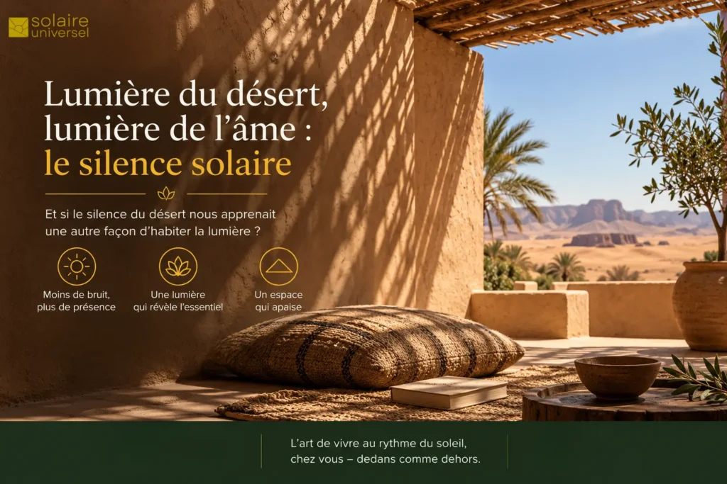 Lumière du désert, lumière de l’âme : terrasse en terre ocre baignée d’ombres graphiques sous une pergola, inspirée de la sagesse des peuples du désert.
