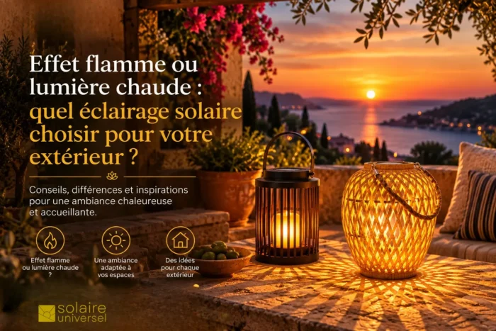 Deux lanternes solaires, l'une à effet flamme et l'autre à lumière chaude, éclairent une terrasse méditerranéenne au coucher du soleil, illustrant deux ambiances lumineuses pour un extérieur chaleureux.